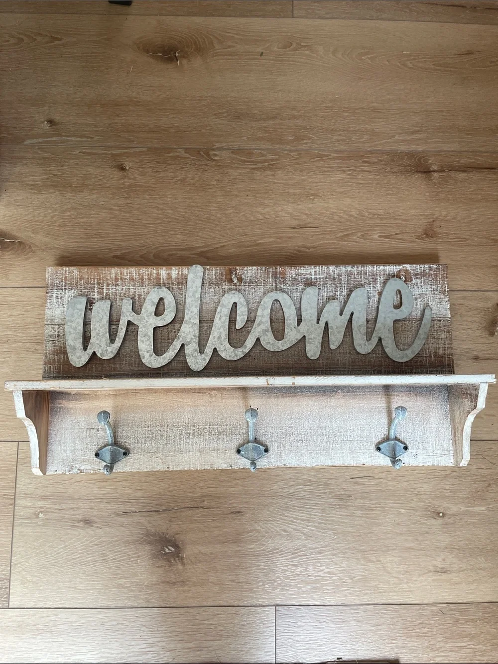 Rustic Welcome Wall Shelf with Hooks - Whitewashed Wood